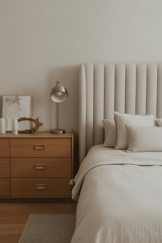 Elegant bedroom with subtle metallic accents enhancing Japandi design.