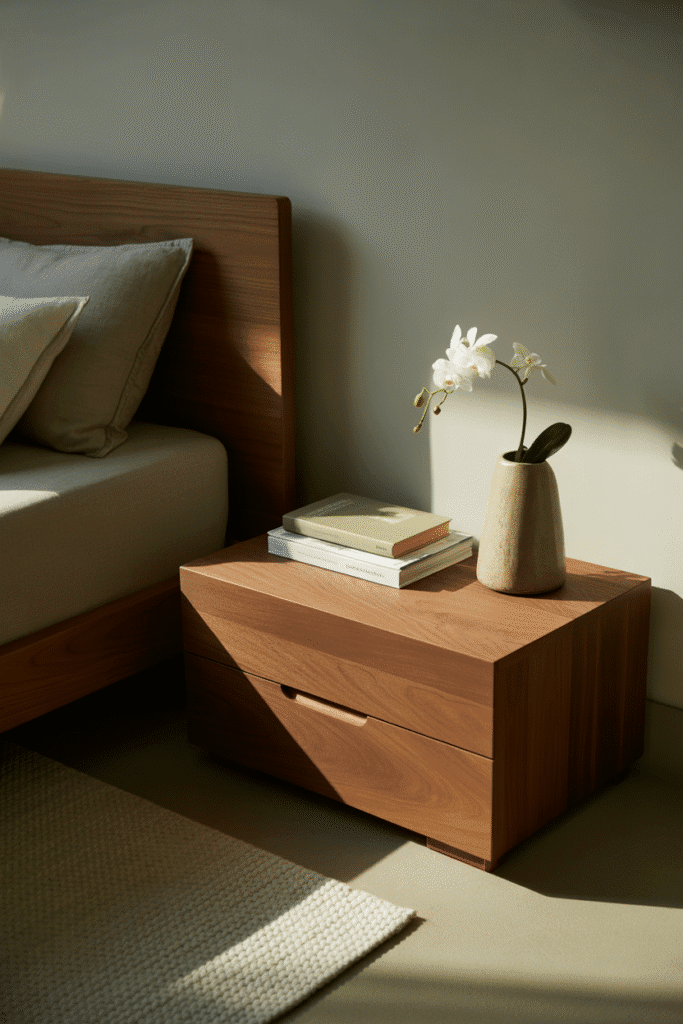 Japandi bedroom with low furniture for a grounded and harmonious feel.