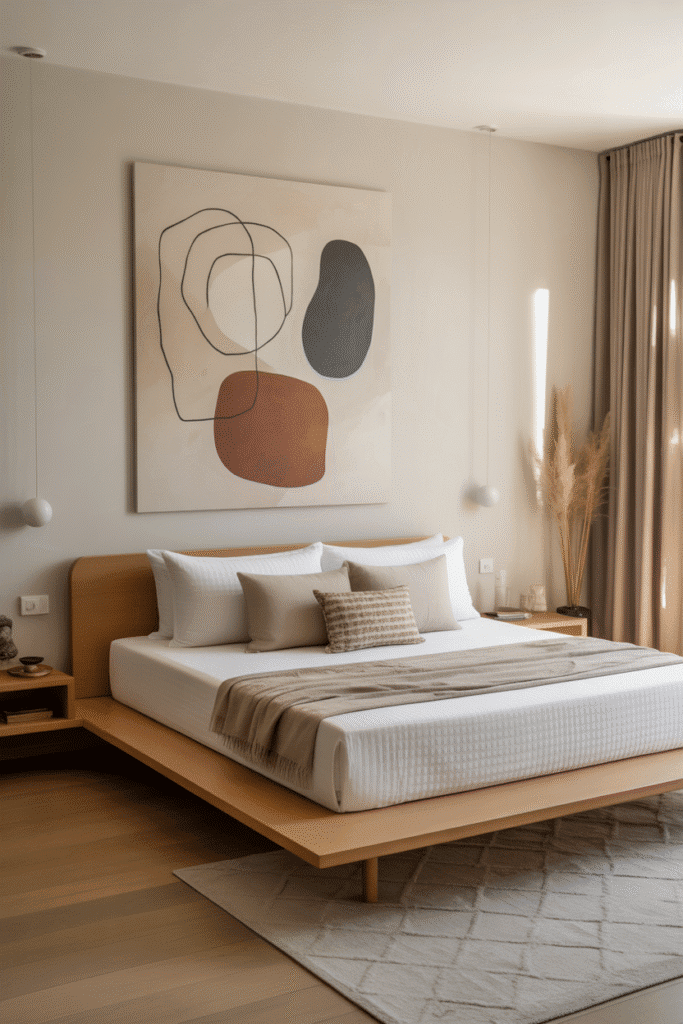 Bedroom with abstract wall art, low wooden bed, neutral palette, minimal decor.