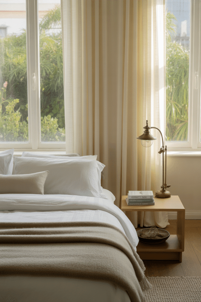 Neutral bedroom with flowing curtains, large windows, wooden furniture, cozy bedding.