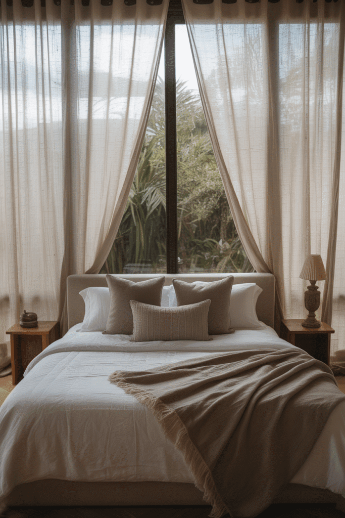 Neutral bedroom with flowing curtains, large windows, wooden furniture, cozy bedding.