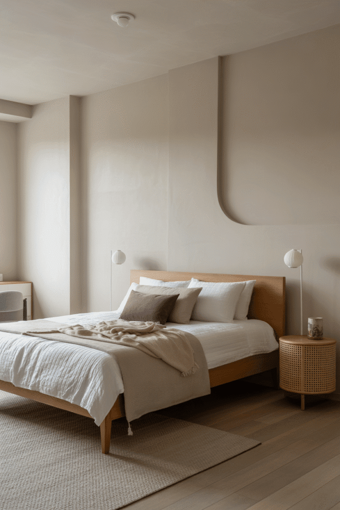 Bedroom blending Japanese simplicity and Scandinavian warmth in perfect harmony.