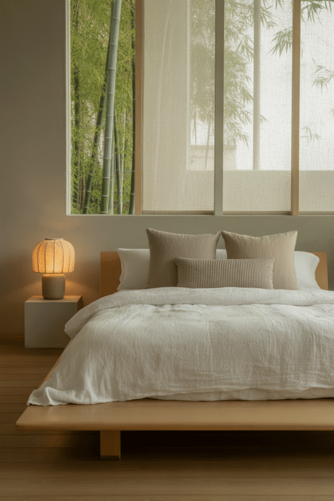 Bedroom blending Japanese simplicity and Scandinavian warmth in perfect harmony.