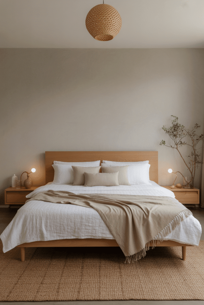 Japandi bedroom featuring a subtle statement headboard as a focal point.