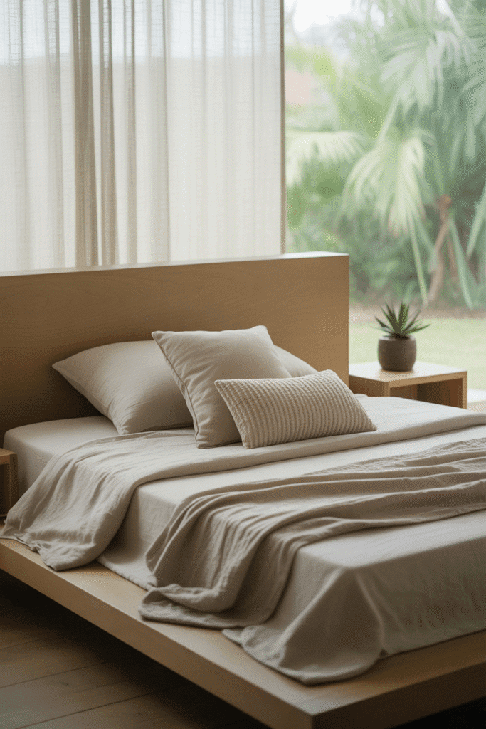 Japandi bedroom featuring a subtle statement headboard as a focal point.