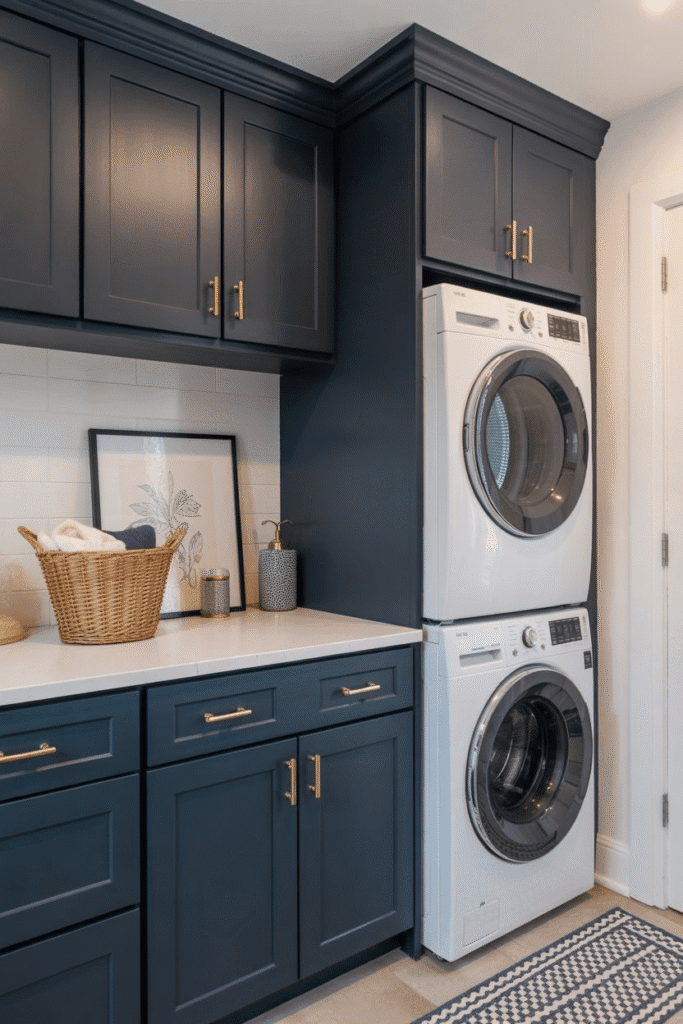 Navy cabinets add rich contrast and timeless style to a small laundry room.