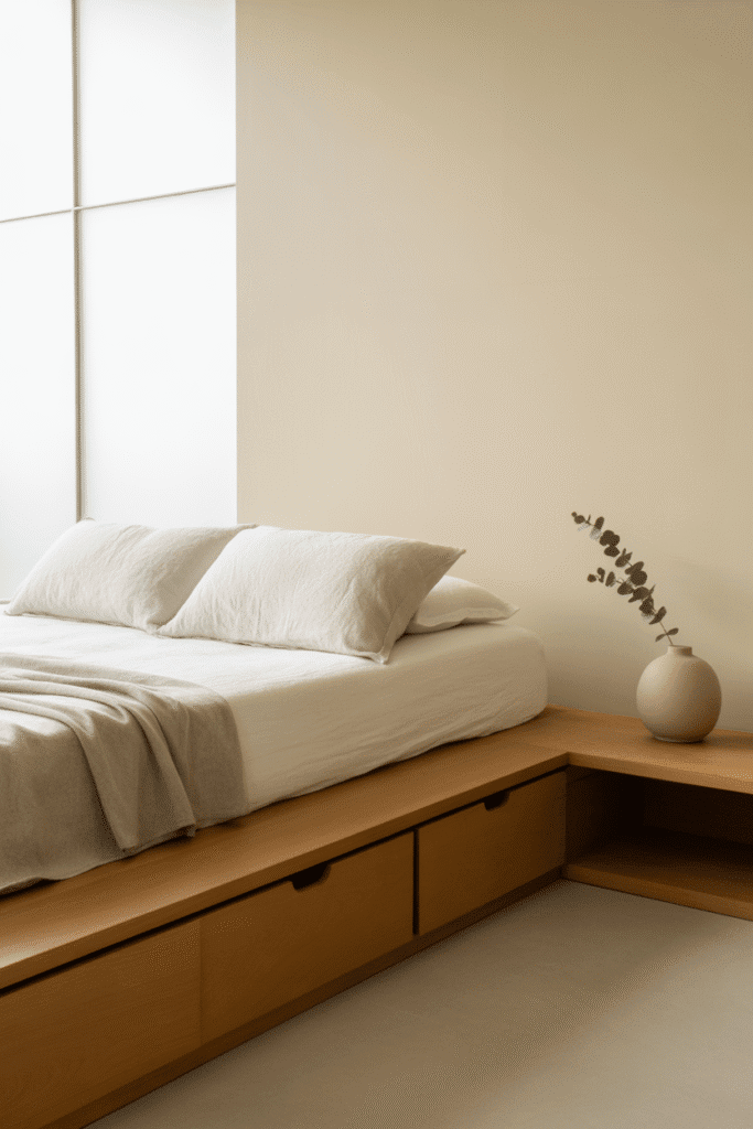 Japandi bedroom with multifunctional furniture keeping space organized and stylish.