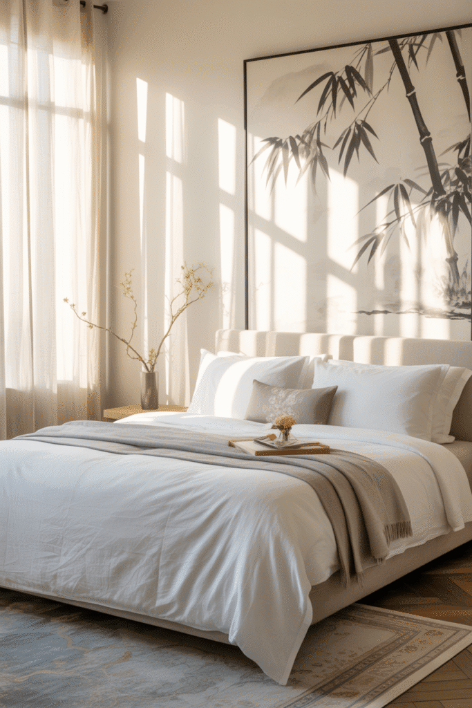 Japandi bedroom with subtle patterns adding visual interest without clutter.