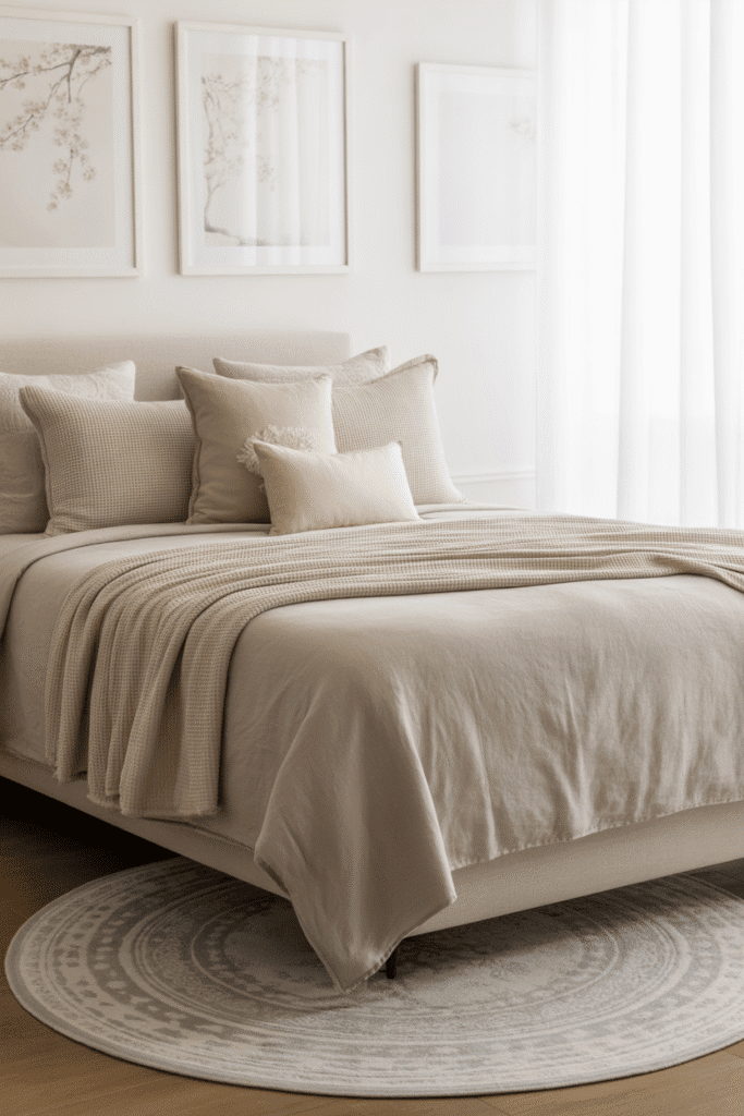 Japandi bedroom with subtle patterns adding visual interest without clutter.