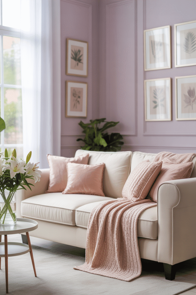 Girly apartment living room with soft pastel colors and cozy feminine vibes.