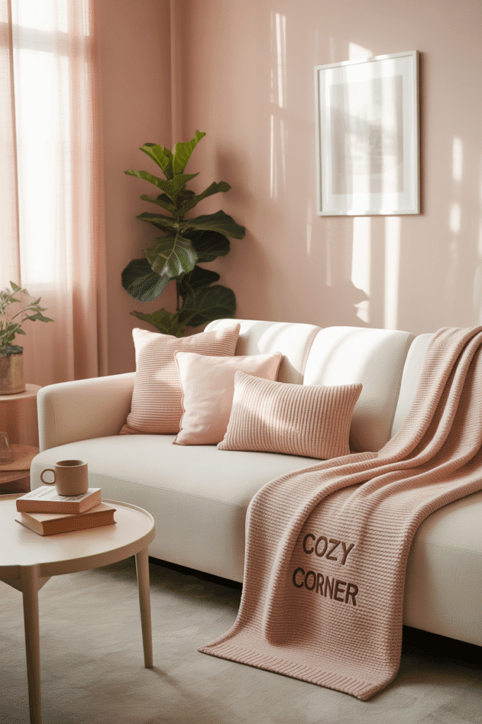 Girly apartment living room with soft pastel colors and cozy feminine vibes.