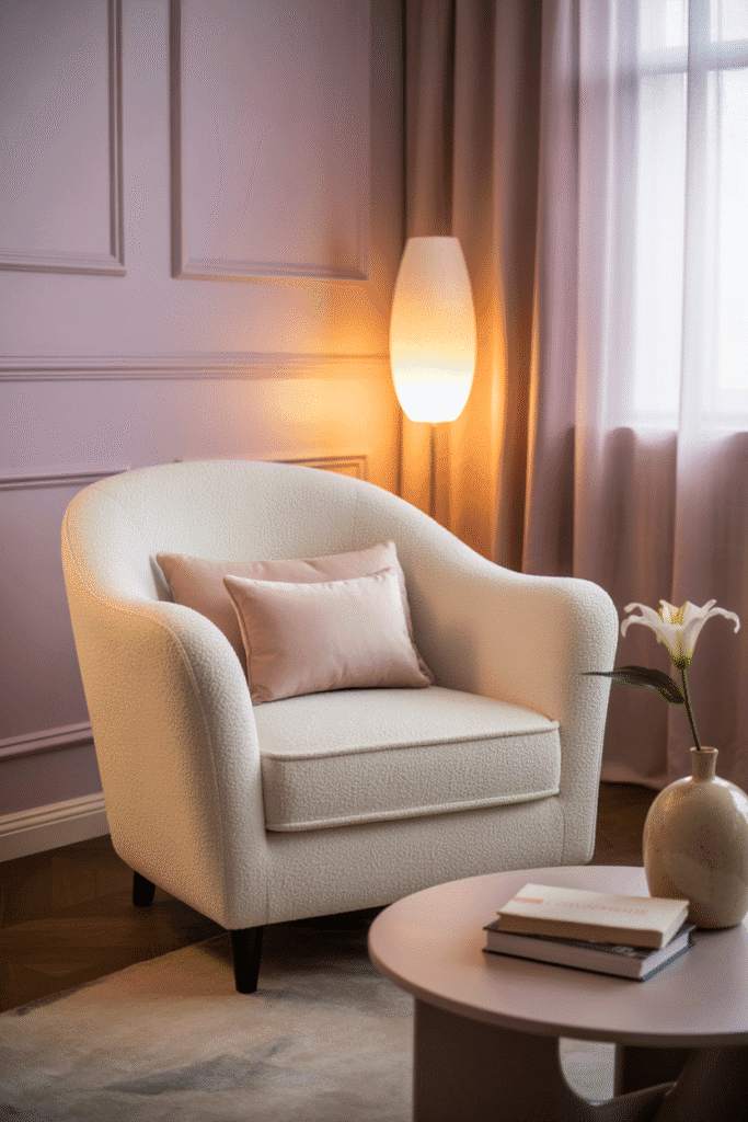 As a part of girly apartment decor ideas this picture shows a girly apartment living room with soft pastel colors and cozy feminine vibes.