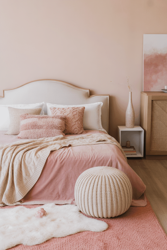 Cozy bedroom with layered textiles creating a warm and chic girly feel.