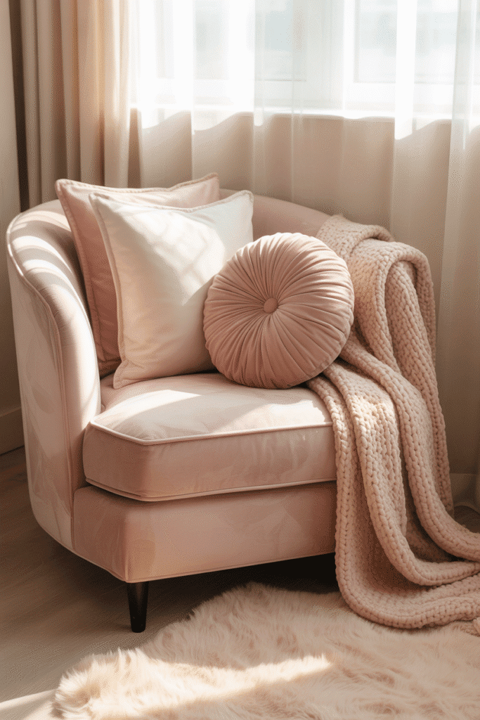 Cozy bedroom with layered textiles creating a warm and chic girly feel.