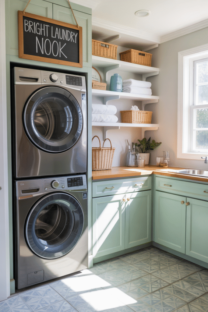 Mint green cabinetry brings a playful and refreshing look to compact laundry areas.