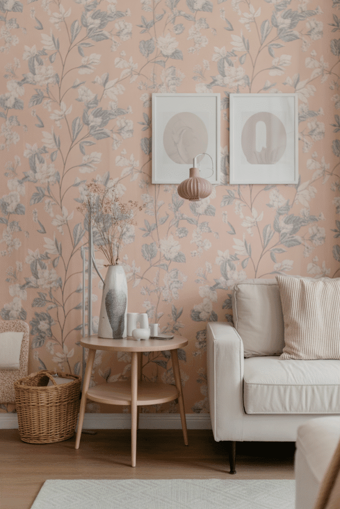Statement floral wall in a girly apartment adding charm and personality.