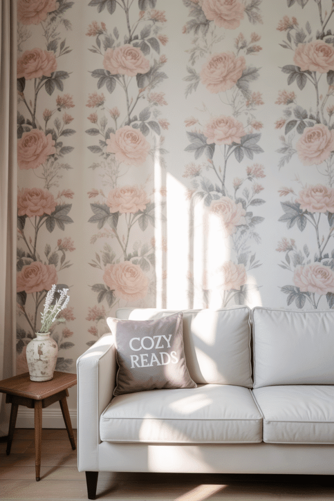 Statement floral wall in a girly apartment adding charm and personality.