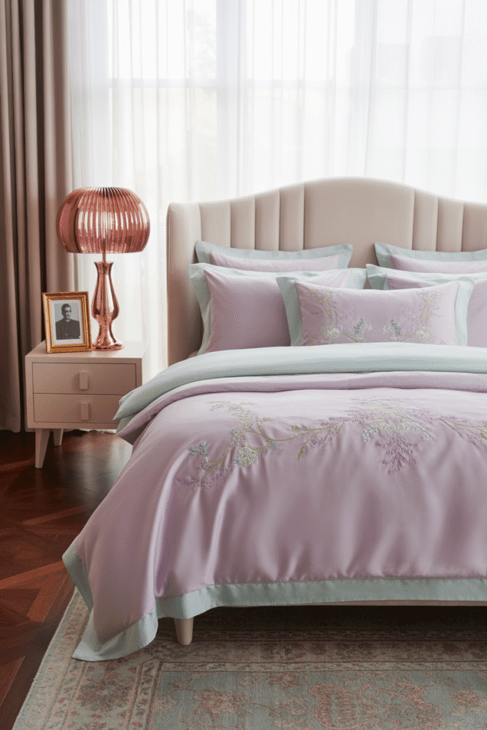 Chic apartment bedroom with subtle metallic accents for a feminine touch.