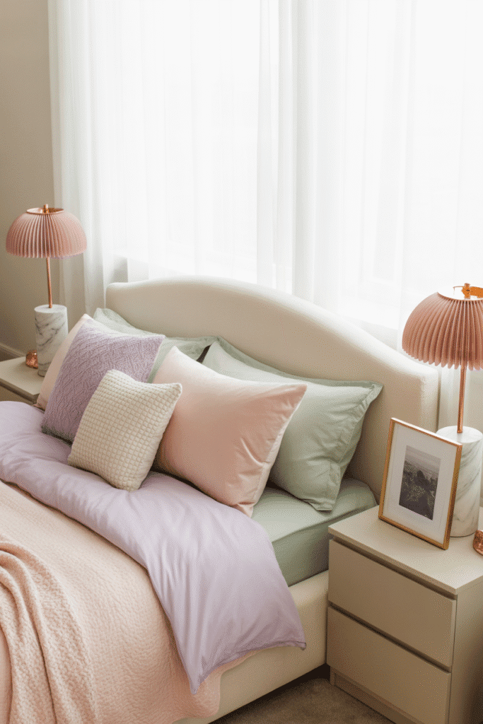 Chic apartment bedroom with subtle metallic accents for a feminine touch.