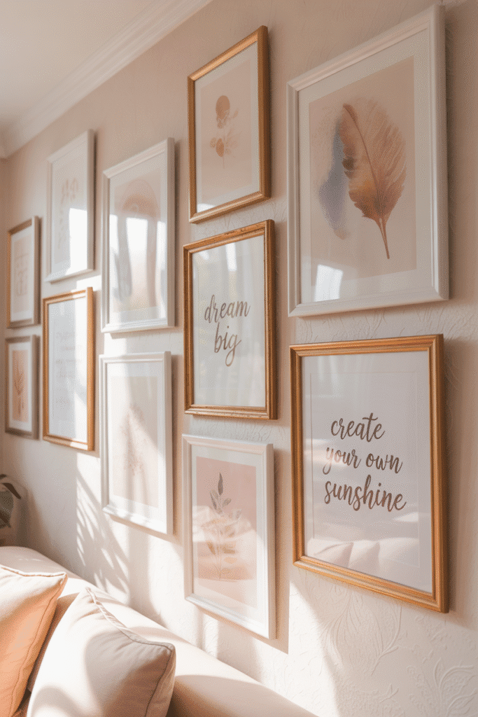 Stylish wall gallery in a girly apartment with framed prints and art.