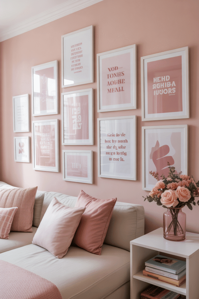 Stylish wall gallery in a girly apartment with framed prints and art.