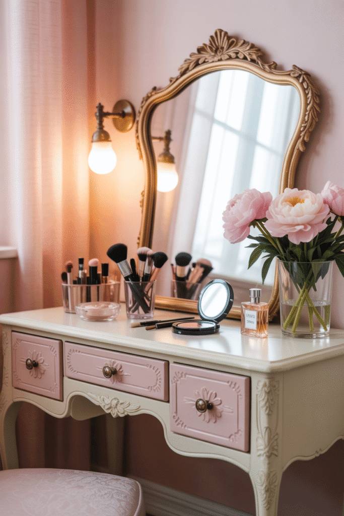 Functional and stylish vanity setup in a feminine apartment corner.