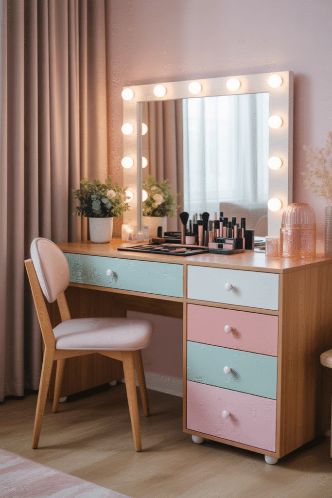 Functional and stylish vanity setup in a feminine apartment corner.