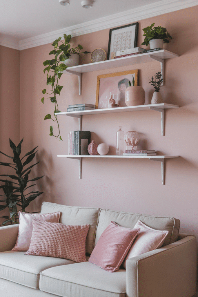 Floating shelves in a girly apartment displaying decor and plants.