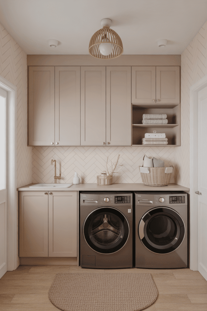 Light taupe cabinets deliver understated elegance in a small laundry layout.