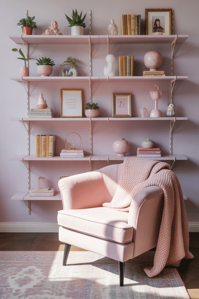 Floating shelves in a girly apartment displaying decor and plants.