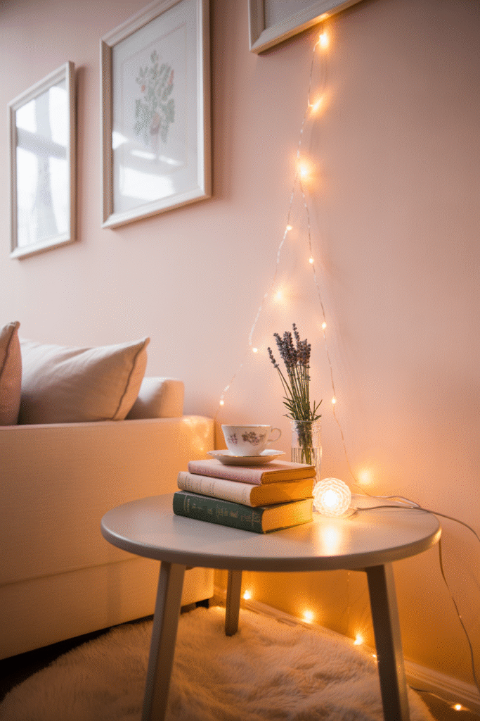 Cozy girly apartment with soft lighting for a warm and inviting vibe.