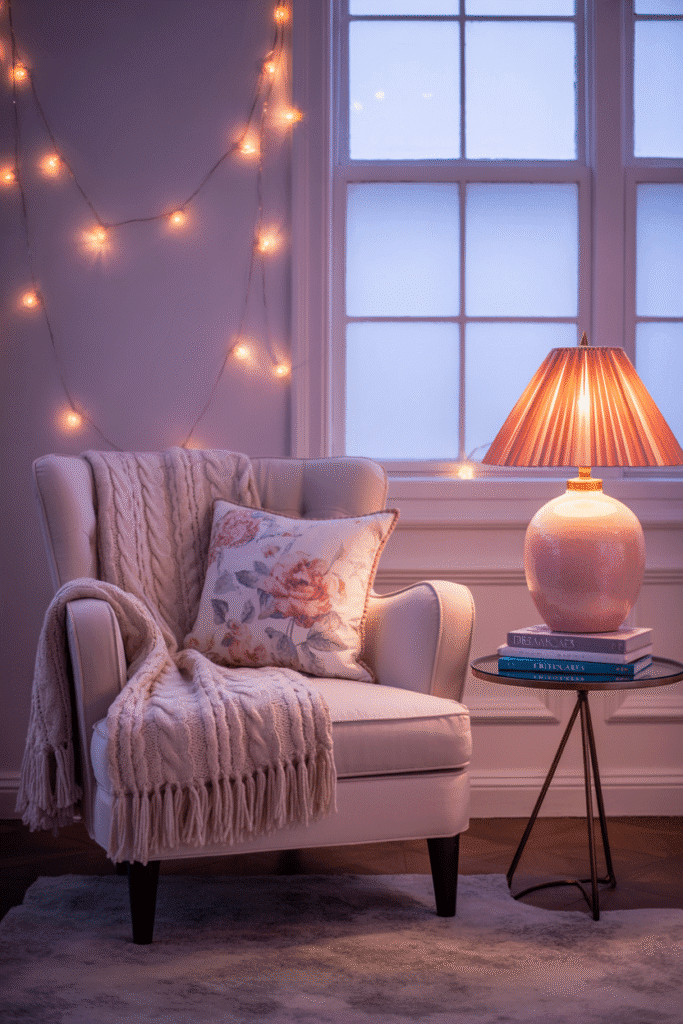 Cozy girly apartment with soft lighting for a warm and inviting vibe.