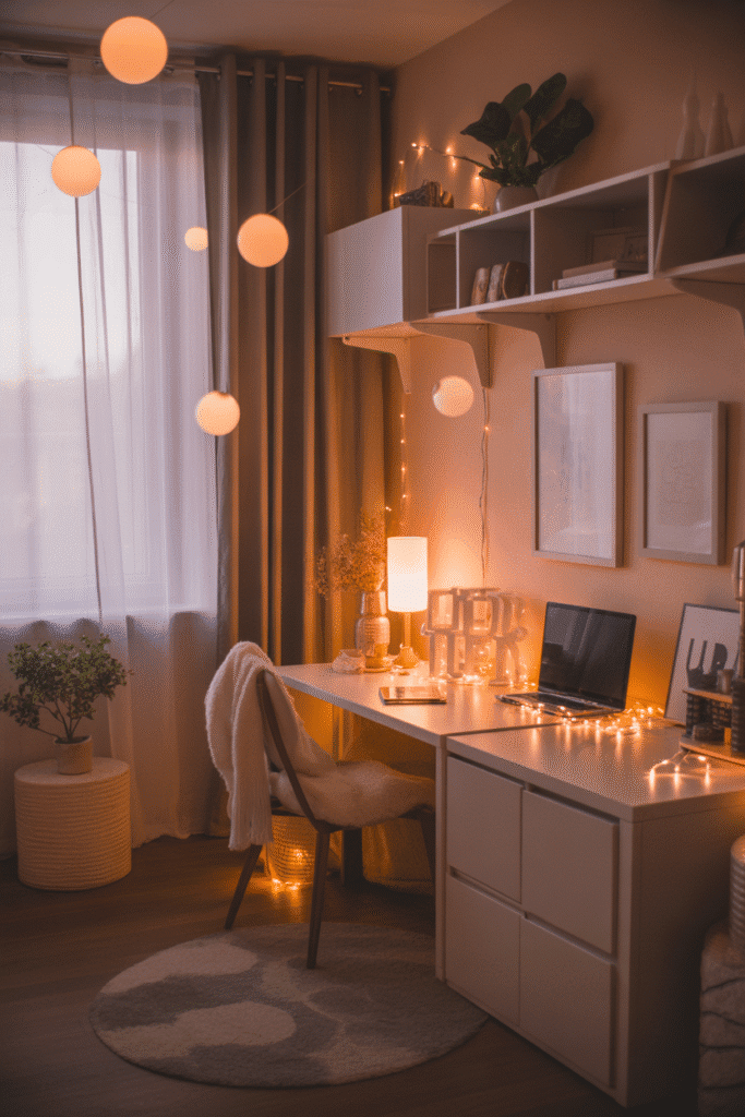Cozy girly apartment with soft lighting for a warm and inviting vibe.