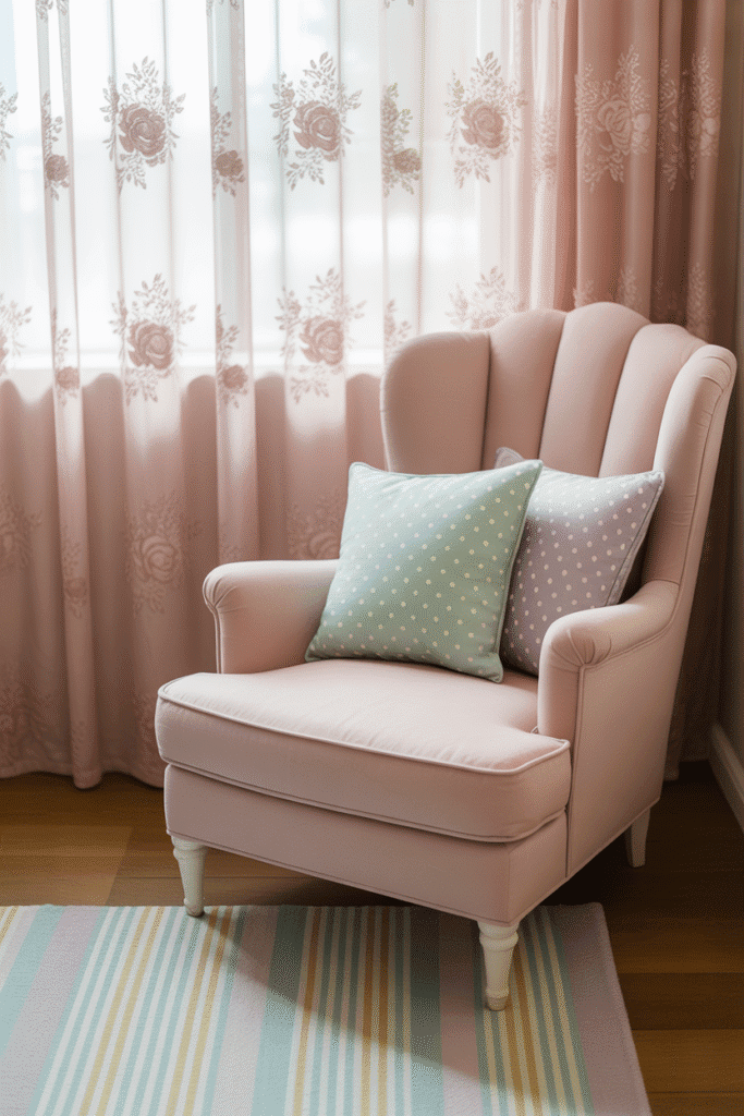 Girly apartment bedroom with carefully mixed patterns in soft colors.