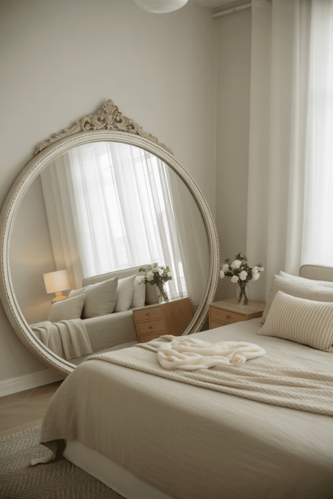 Girly apartment bedroom using mirrors to enhance brightness and space.