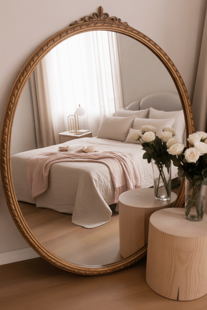 Girly apartment bedroom using mirrors to enhance brightness and space.
