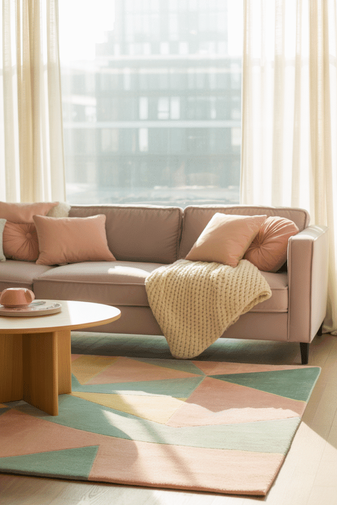 Stylish girly apartment featuring a statement rug that ties the room together.