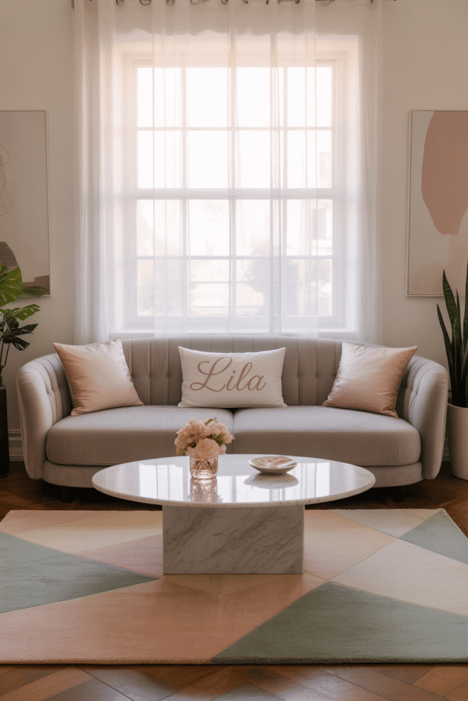 Stylish girly apartment featuring a statement rug that ties the room together.