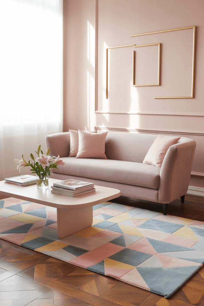 Stylish girly apartment featuring a statement rug that ties the room together.
