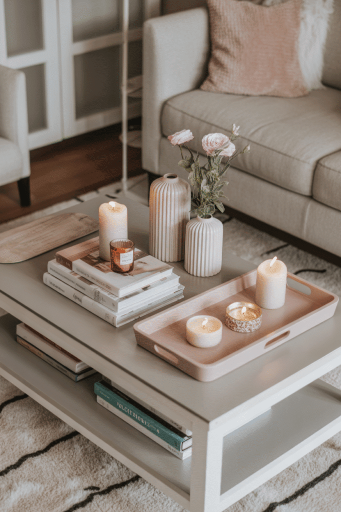 Girly apartment living room coffee table decorated stylishly.