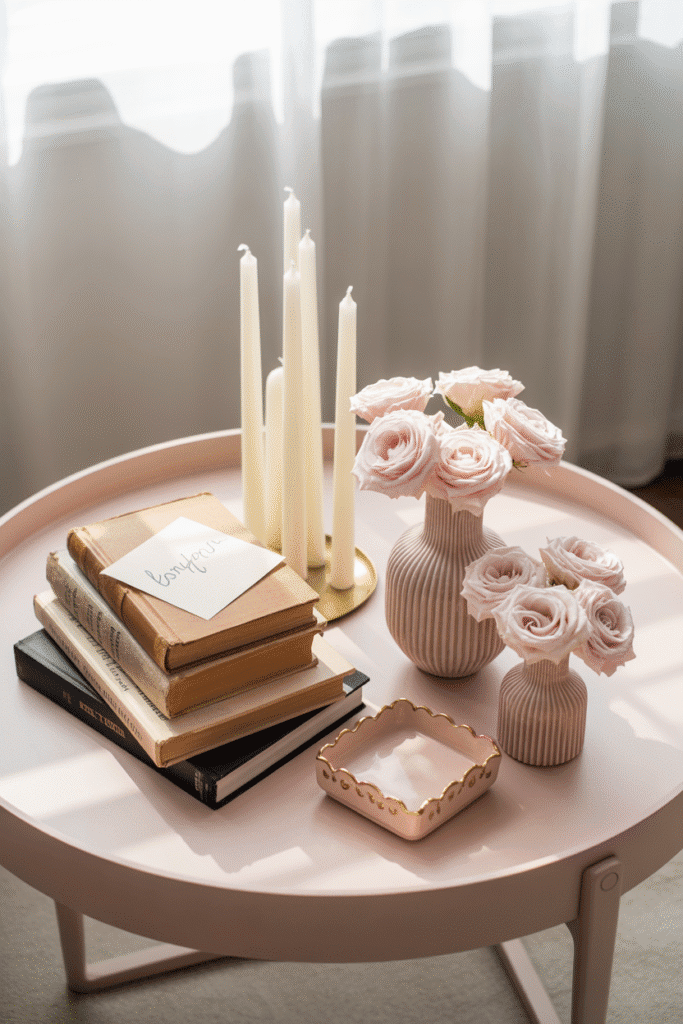 Girly apartment living room coffee table decorated stylishly.
