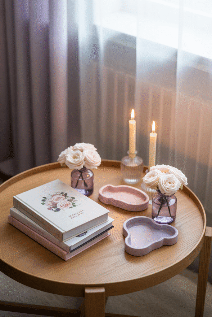 Girly apartment living room coffee table decorated stylishly.