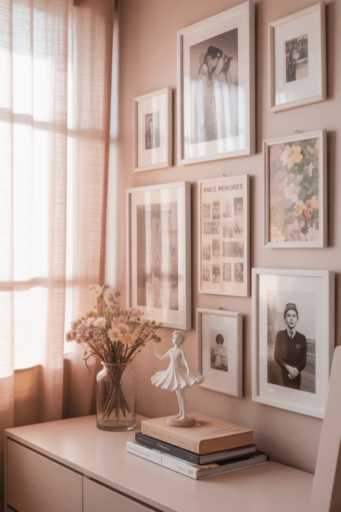 Girly apartment displaying personal photos and memorabilia in a chic way.