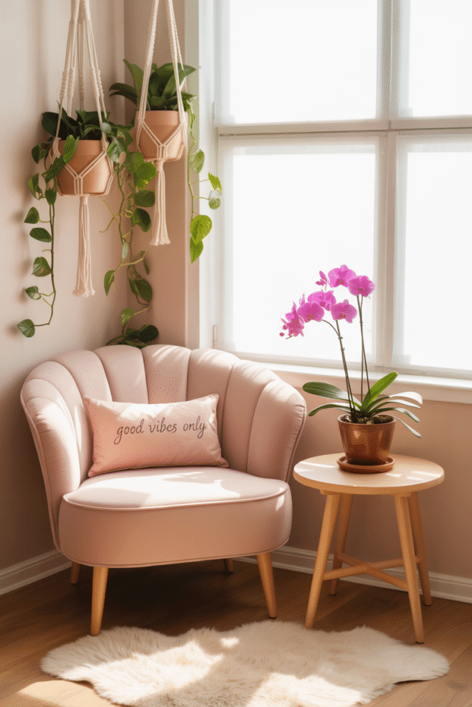 Girly apartment with indoor plants adding color and freshness.