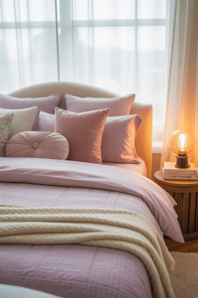 Girly bedroom with soft and luxurious bedding for ultimate comfort.