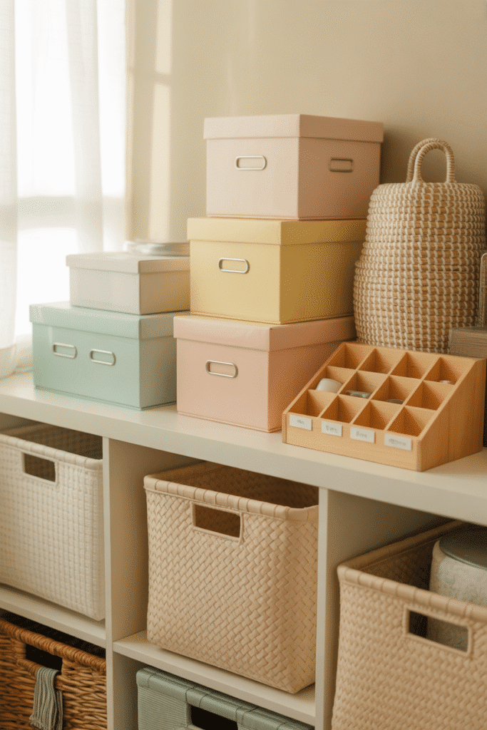 Stylish storage solutions in a girly apartment combining function and decor.