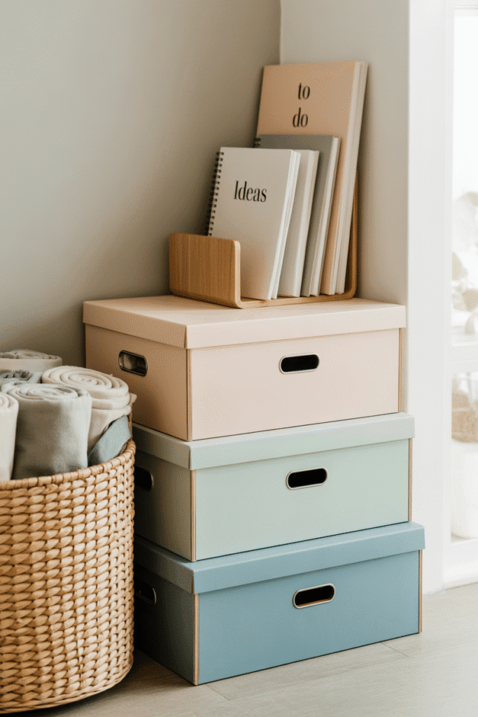 Stylish storage solutions in a girly apartment combining function and decor.