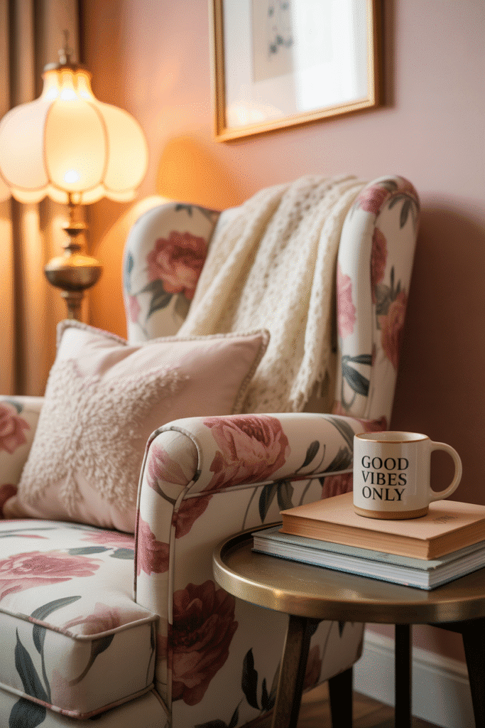 Girly apartment cozy reading nook with comfortable seating and soft lighting.