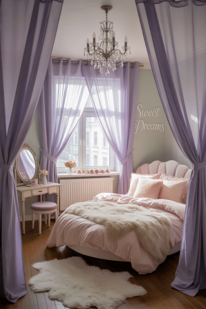 Girly bedroom with statement lighting fixture adding glamour.