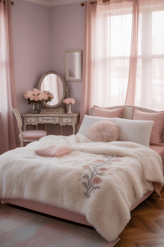 Girly apartment bedroom with elegant window treatments enhancing the ambiance.
